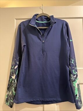 Nike Pro Hyperwarm Navy Quarter-Zip Pullover with Teal and White Sleeve Print